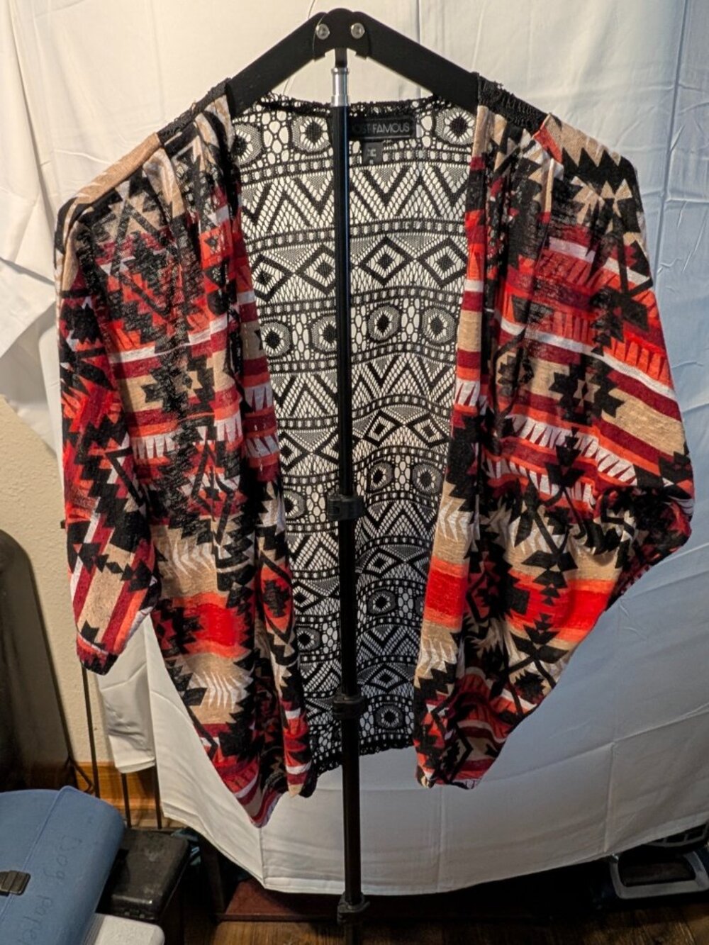 ALMOST FAMOUS Southwest Design Shawl/Jacket w/lace insert Sz Small